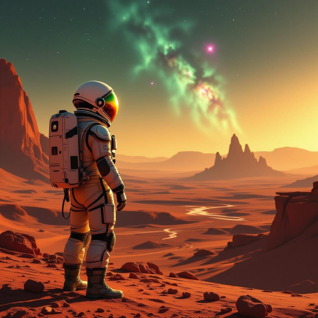 Astronaut Contemplates Martian Vista in Painterly Style