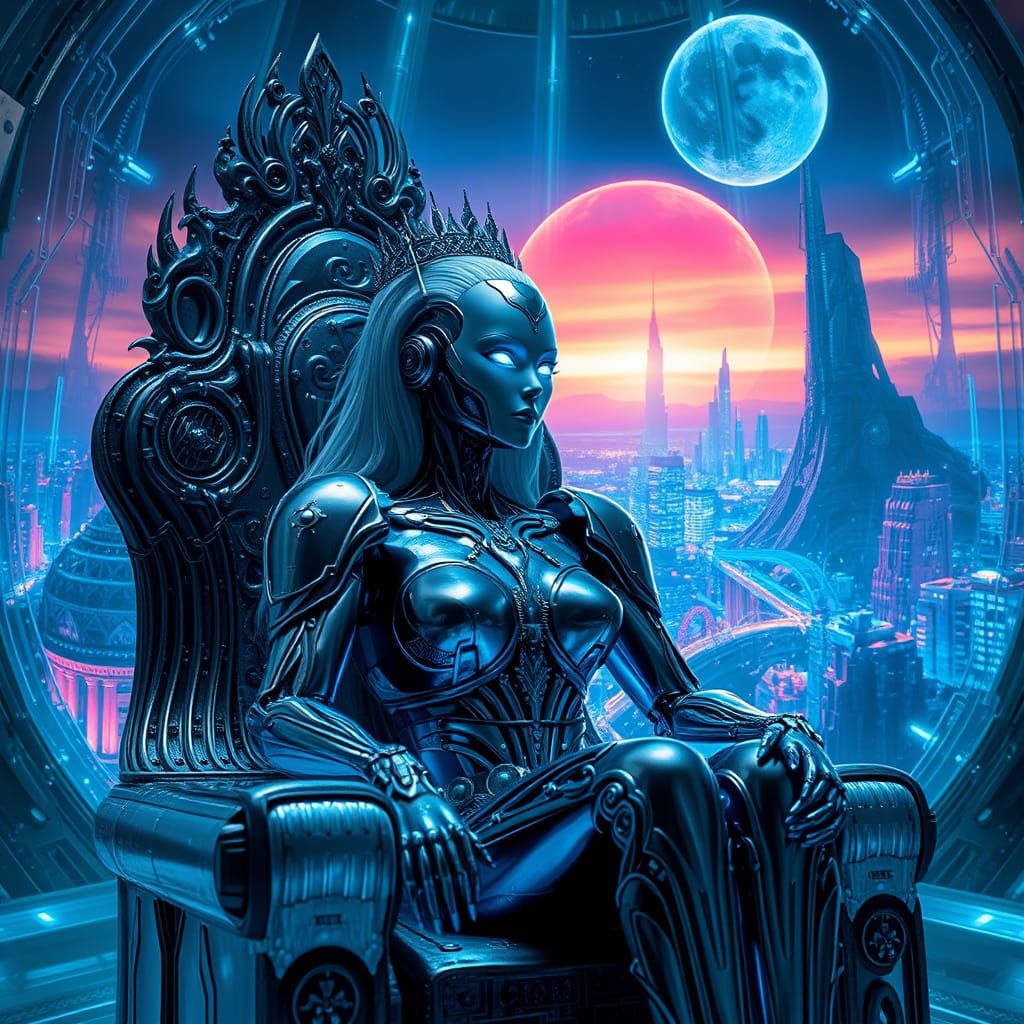 Regal Robot Queen in Crystal Throne Room