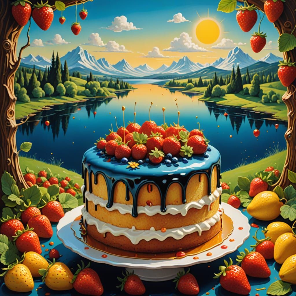 Surrealistic Still Life of Khokhloma Cake with Summer Landsc...