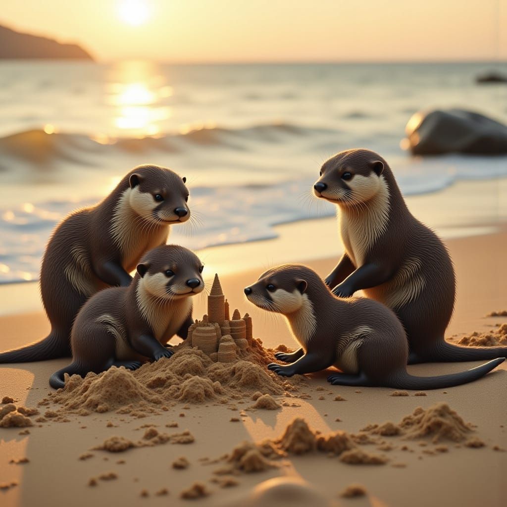 Otter Family Builds Sandcastle at Dawn