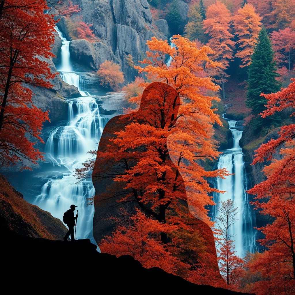 Lone Traveler in Autumn Forest Double Exposure