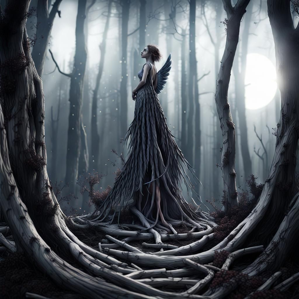 Stick Angel in Gloomy Moonlit Forest
