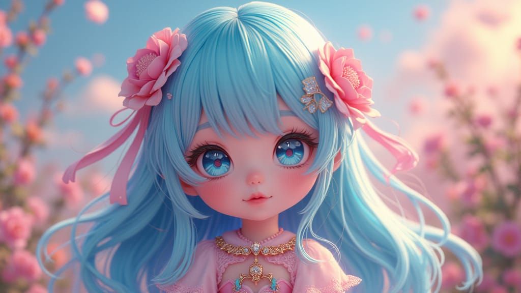Whimsical Kawaii Doll in a Fantastical Realm