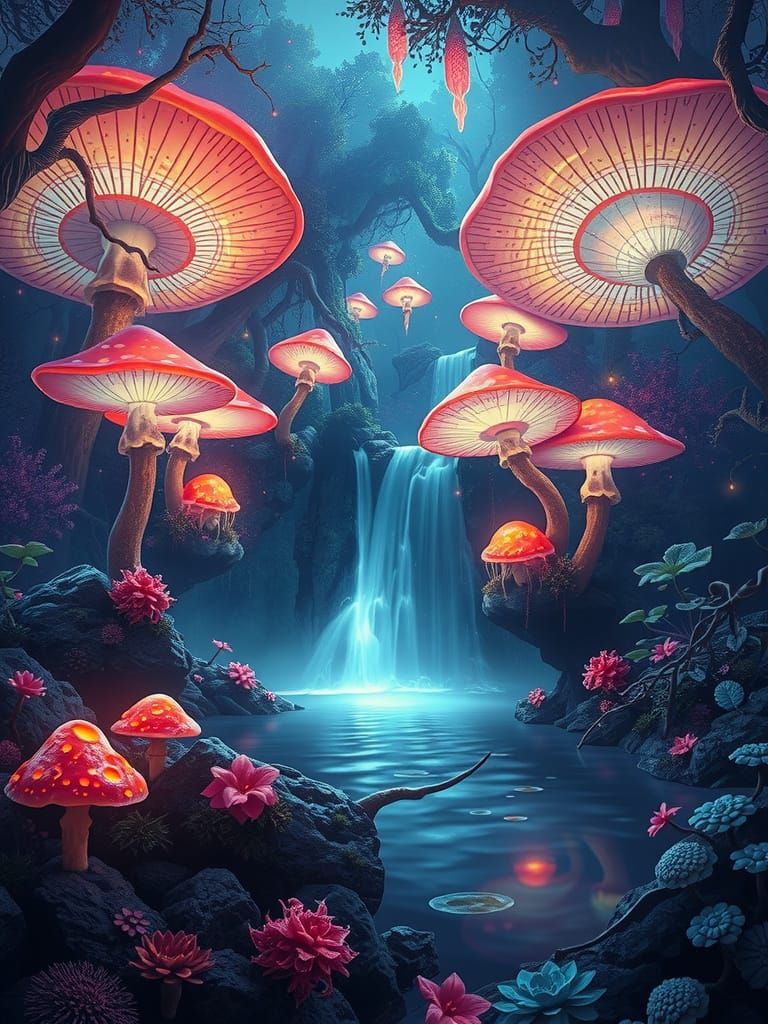 Bioluminescent Forest Twilight: Ethereal Flora and Glowing M...