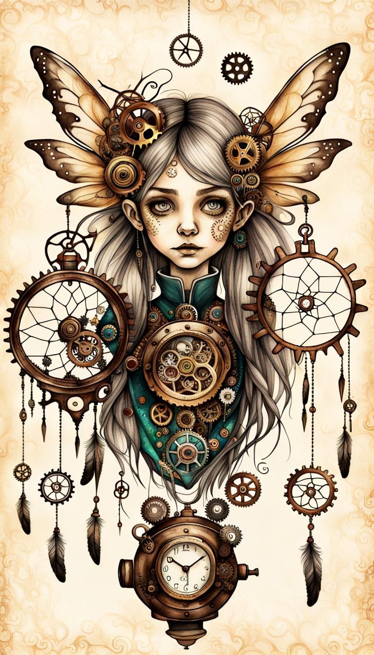 Steampunk Dreamcatcher with Fairy in Crayon Style