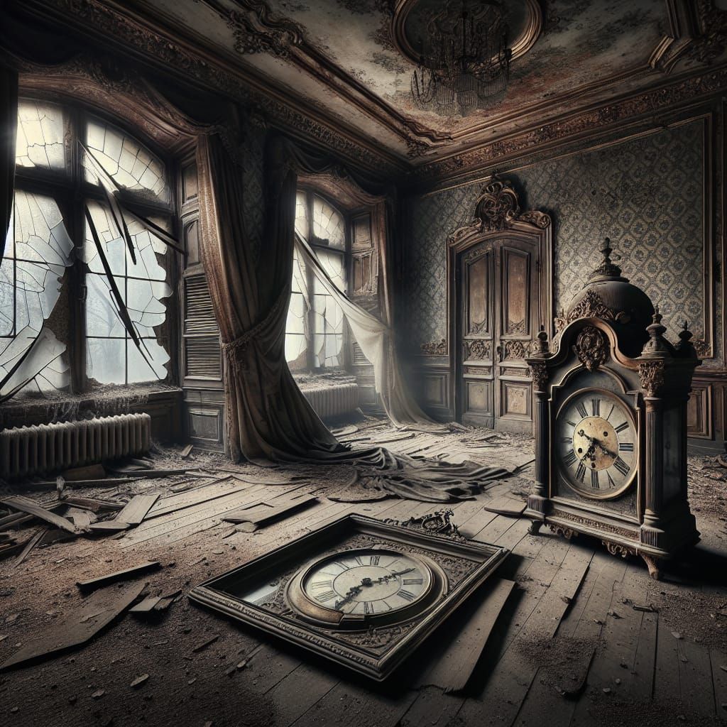 Shattered Clock in Abandoned Victorian Room