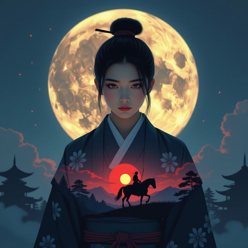 Solemn Boy and Samurai Under Moon in Neon Noir