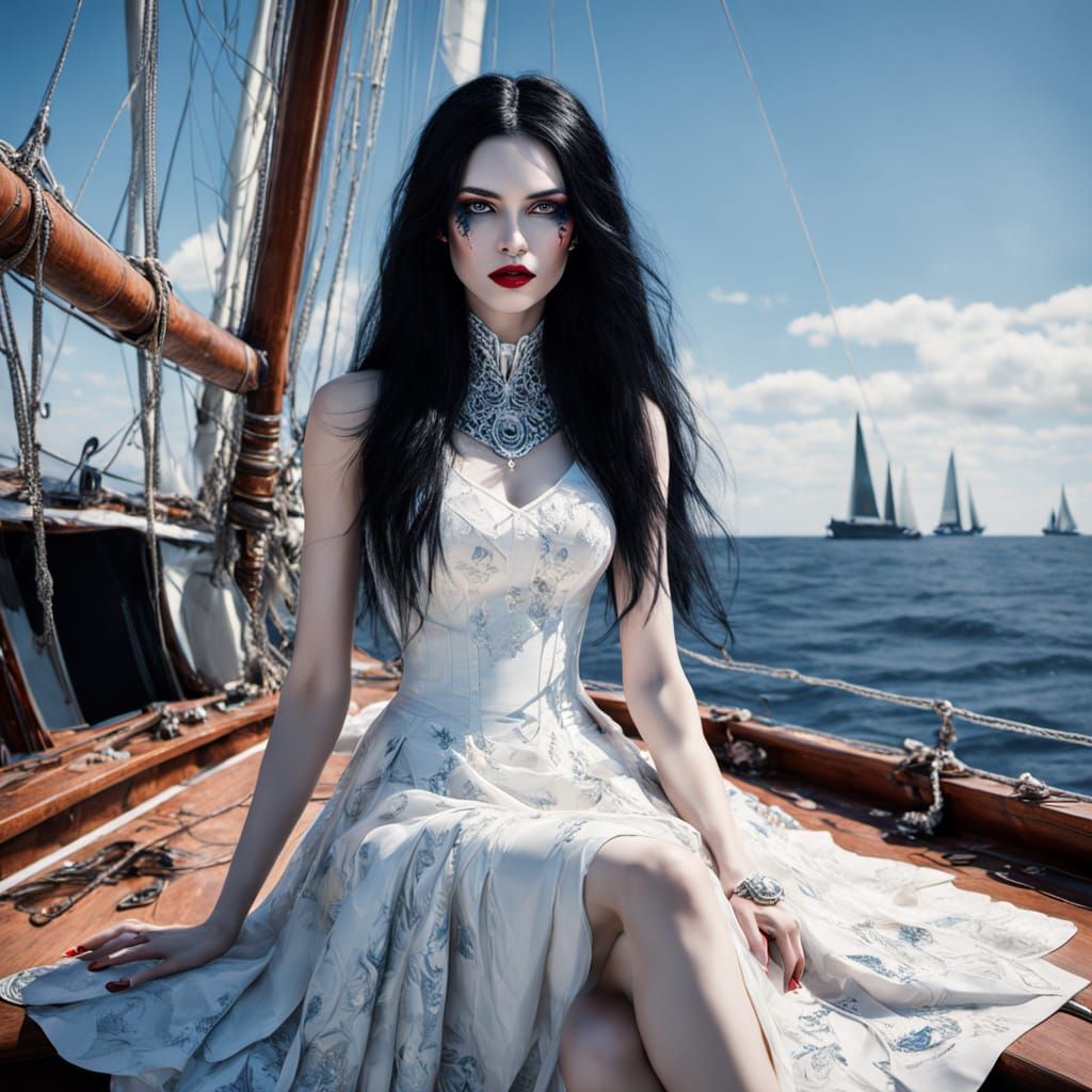 Cyberpunk Goddess with Cracked Glass Skin on Sailing Boat