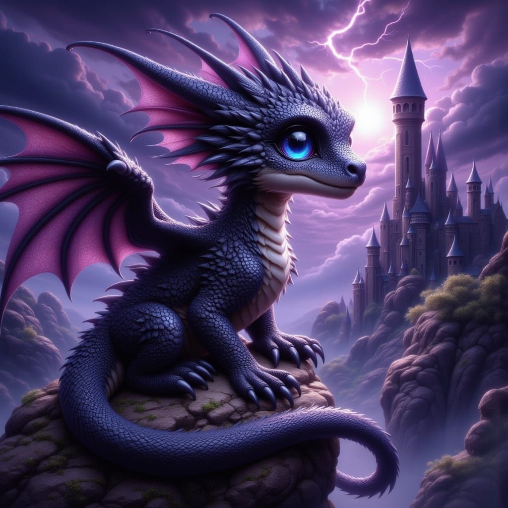 Cute Obsidian Baby Dragon Coiled on Crumbling Castle