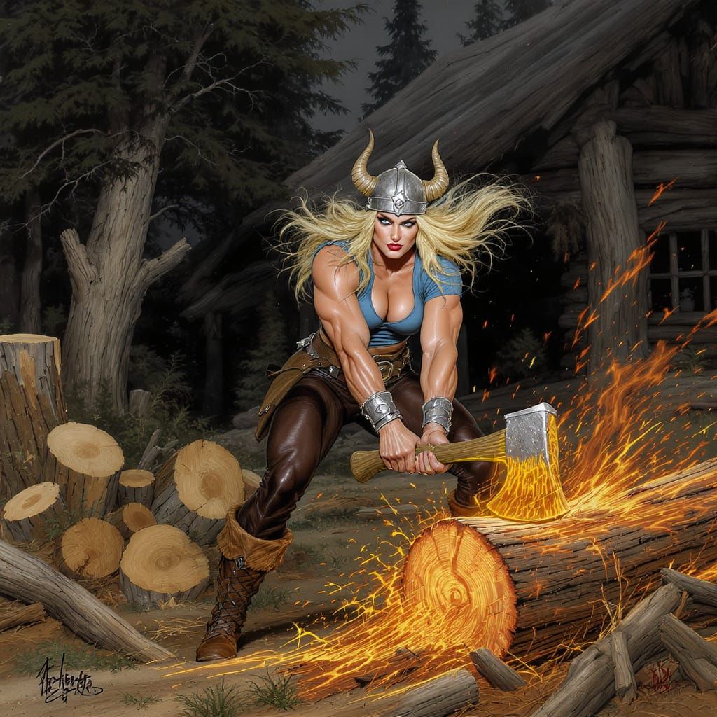 Viking Woman Chopping Wood in Dramatic Lighting