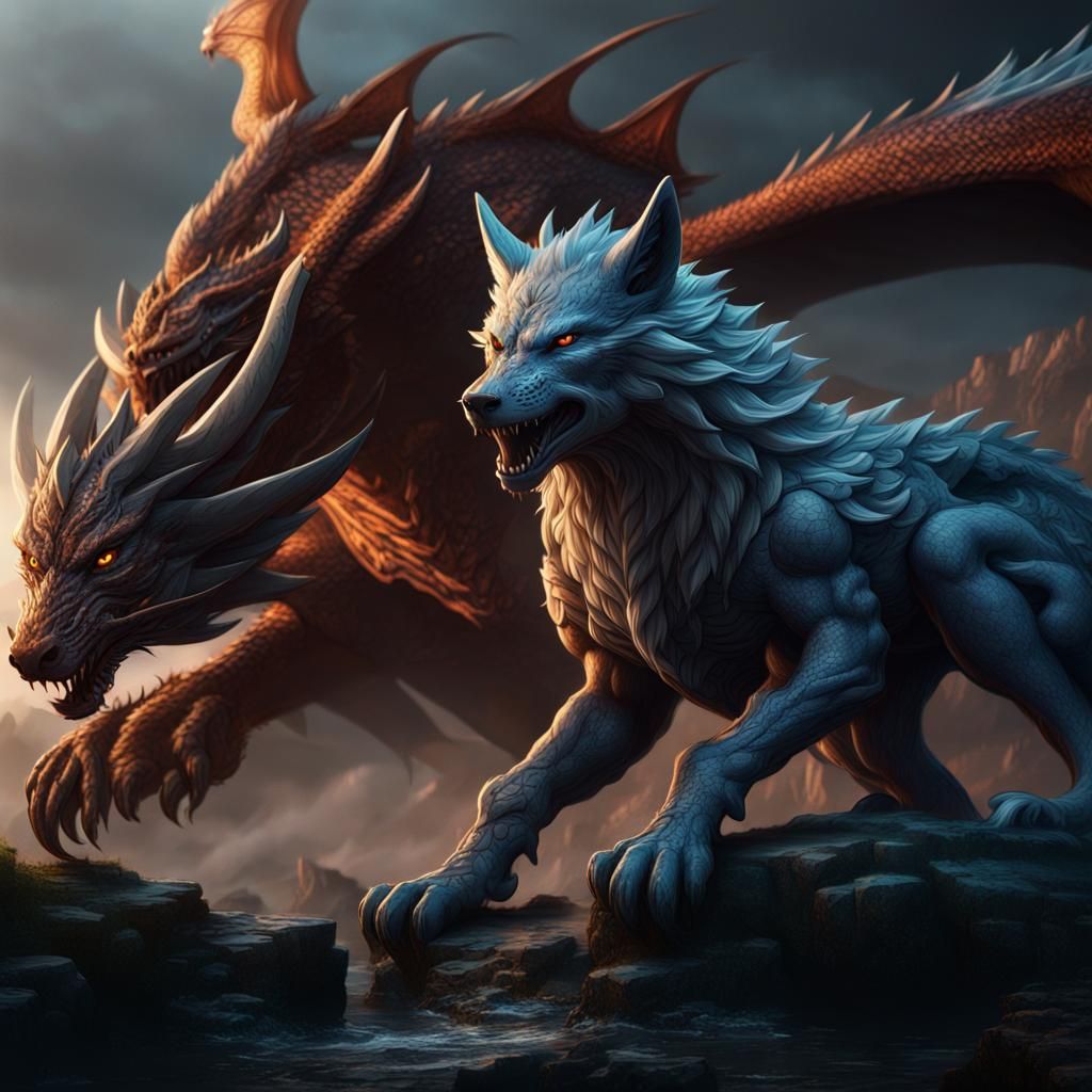 Fantastical Dragon and Wolf Detailed Matte Painting