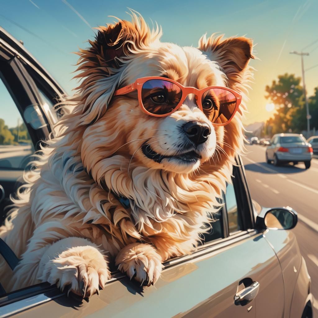 Cartoon Dog on Road Trip in Pastel Colors