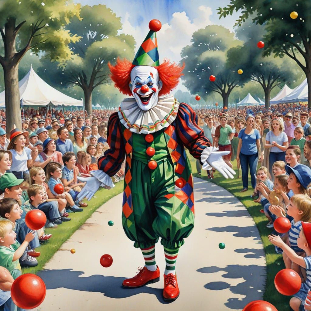 Vibrant Cartoon Clown Performs in a Joyful Park Scene