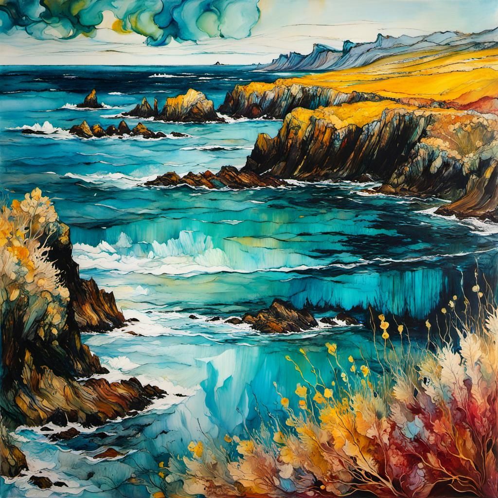 Encaustic Coastline in Van Gogh and Griffiths Styles
