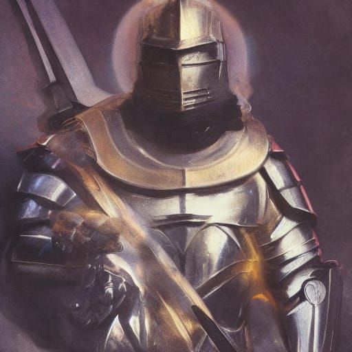 Golden Knight on Misty Battlefield as Oil Painting