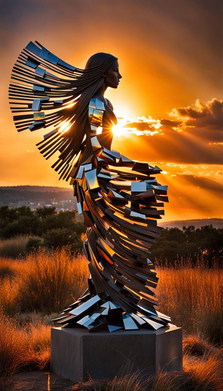 Surreal Sculpture of Woman at Sunset