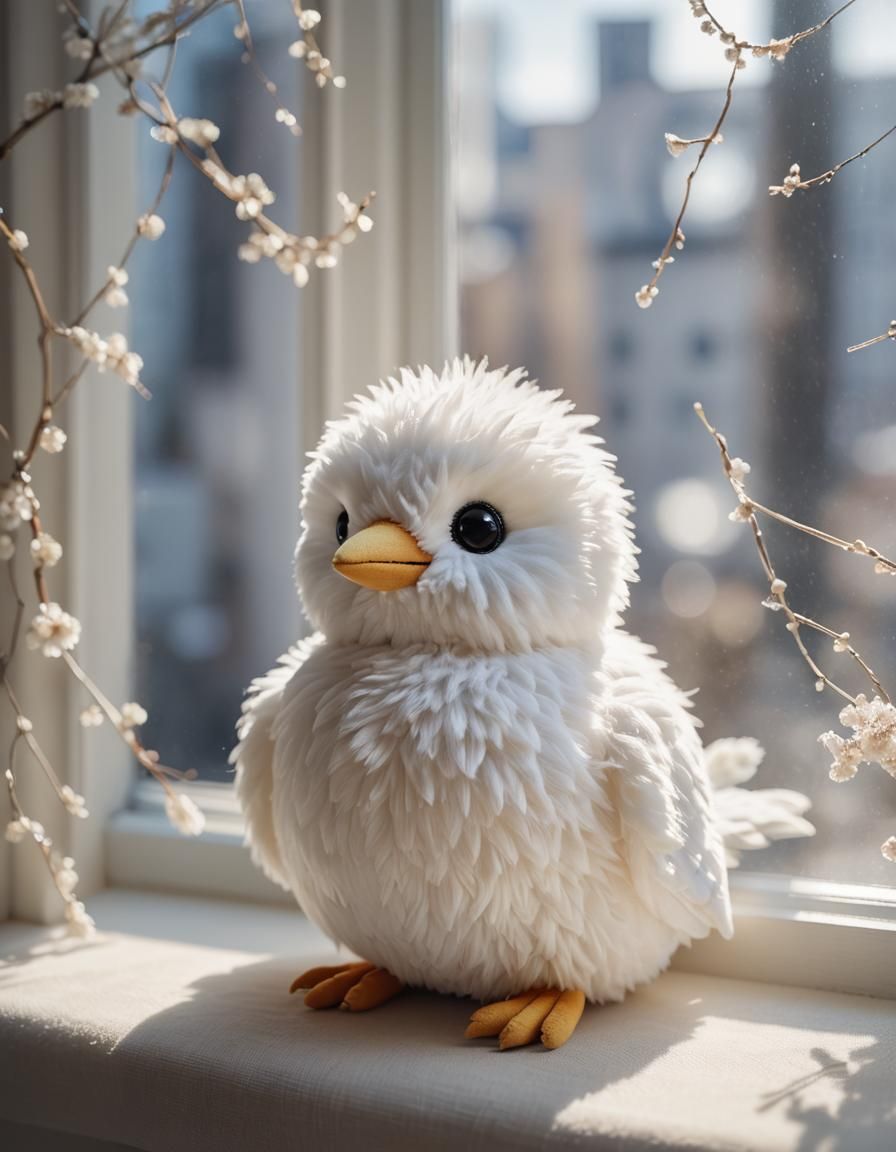Cute Shima Enaga Plushie on a Windowsill