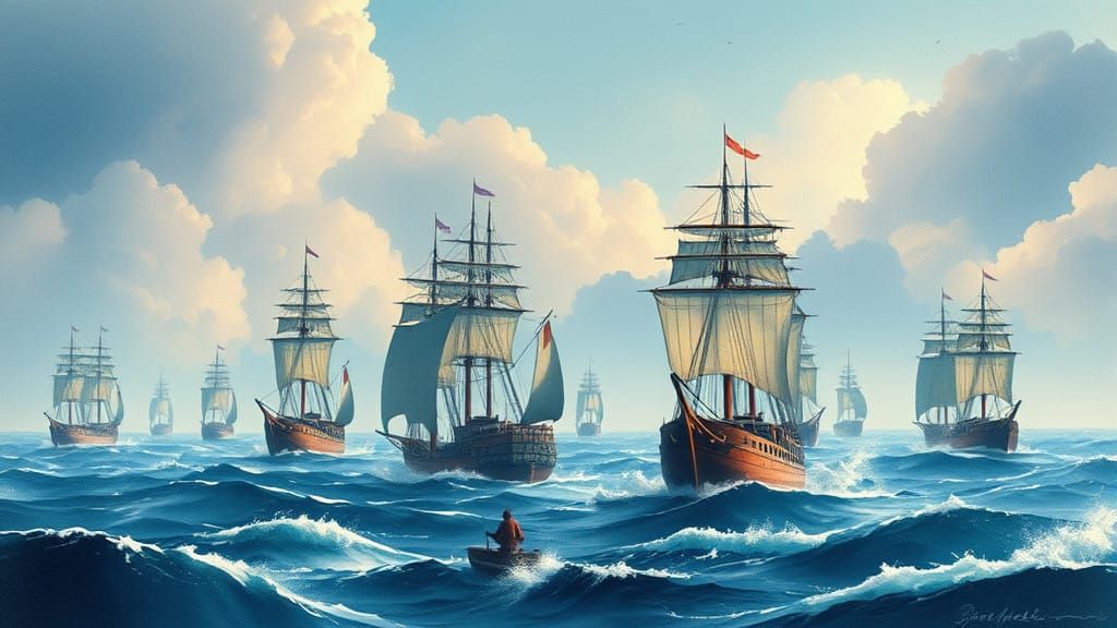 Chinese Junks Sail Off Japan's Coast in Stunning Watercolor....