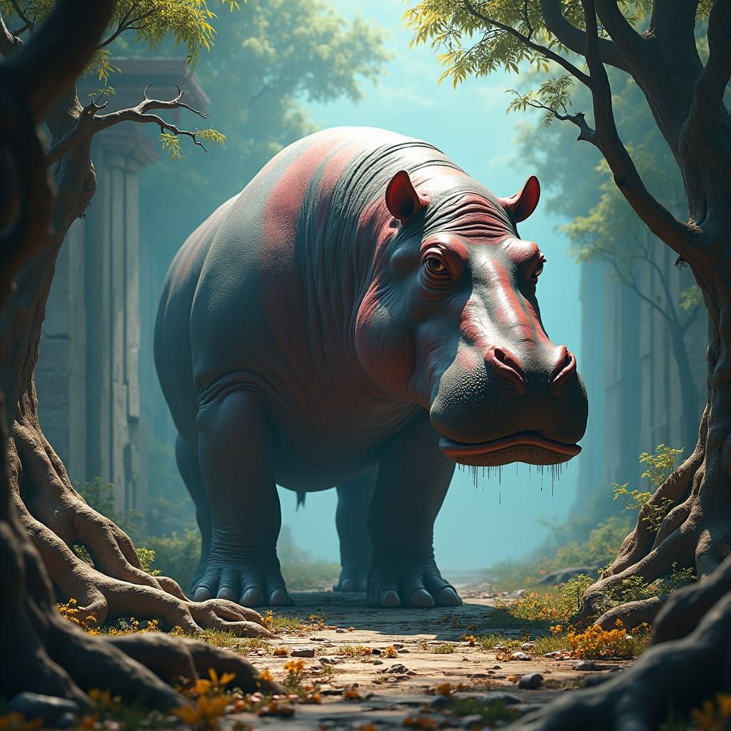 Kratos and Hippopotamus Hybrid in Ancient Ruins
