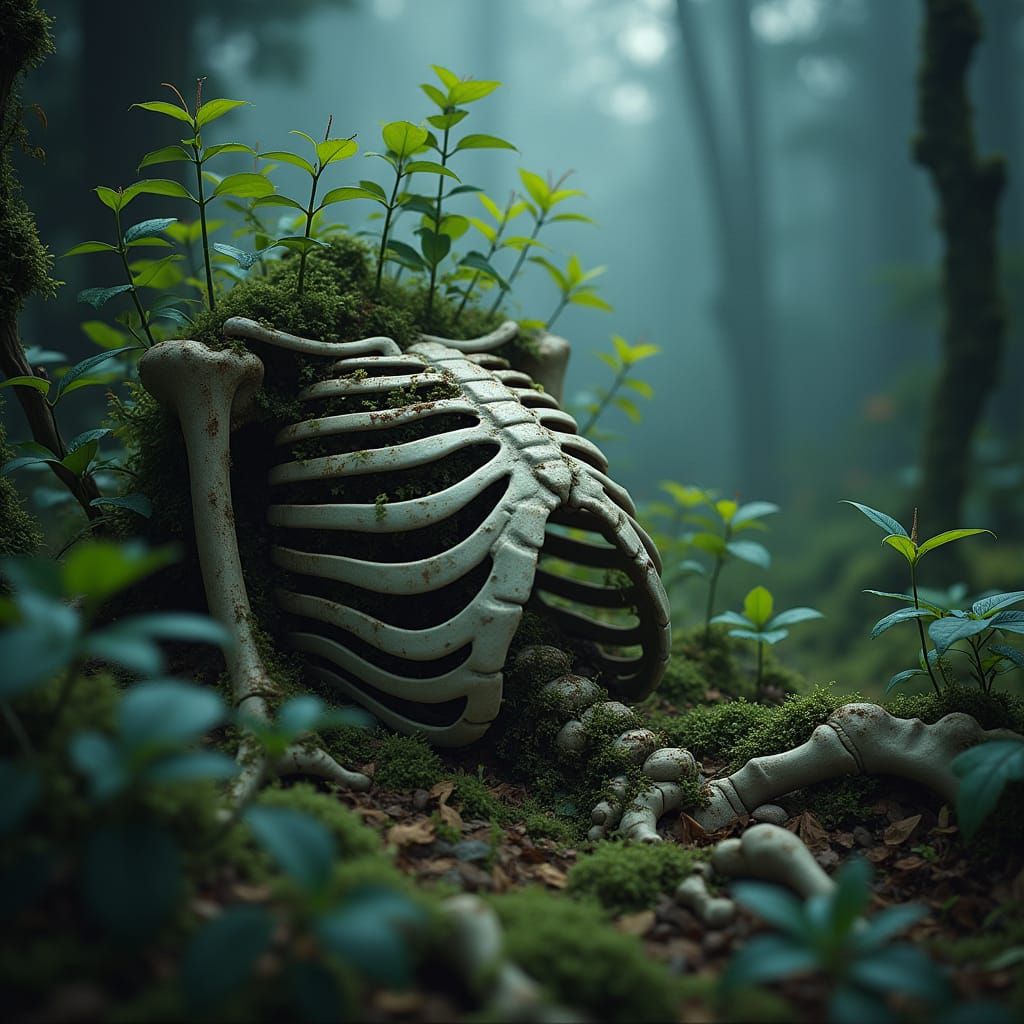 Vines and Leaves Burst from a Rib Cage in a Whimsical Moonli...