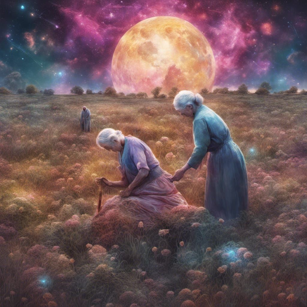 Older Women Working: Holographic Astral Illustration
