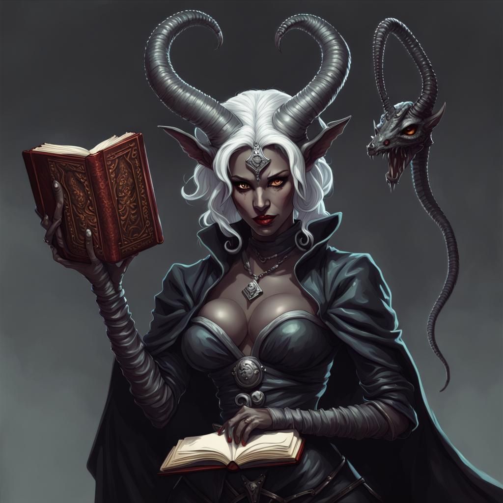 Elegant obsidian female tiefling warlock with infernal familiar