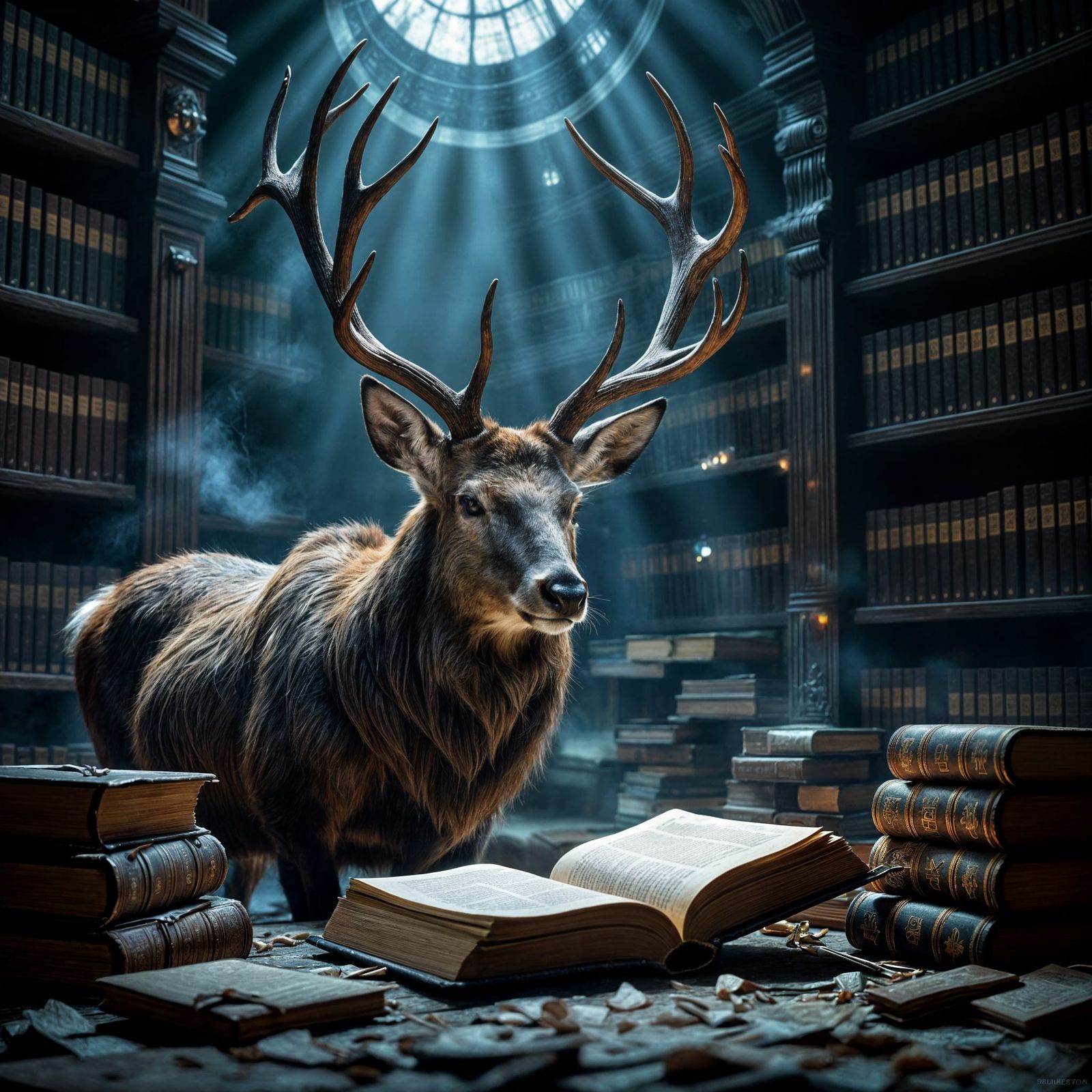 Runic Deer in Forgotten Library: Digital Matte Painting