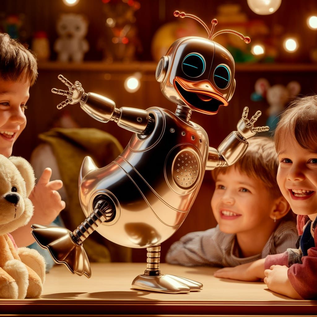 Happy Robot Duck Dances in Toy Store Window