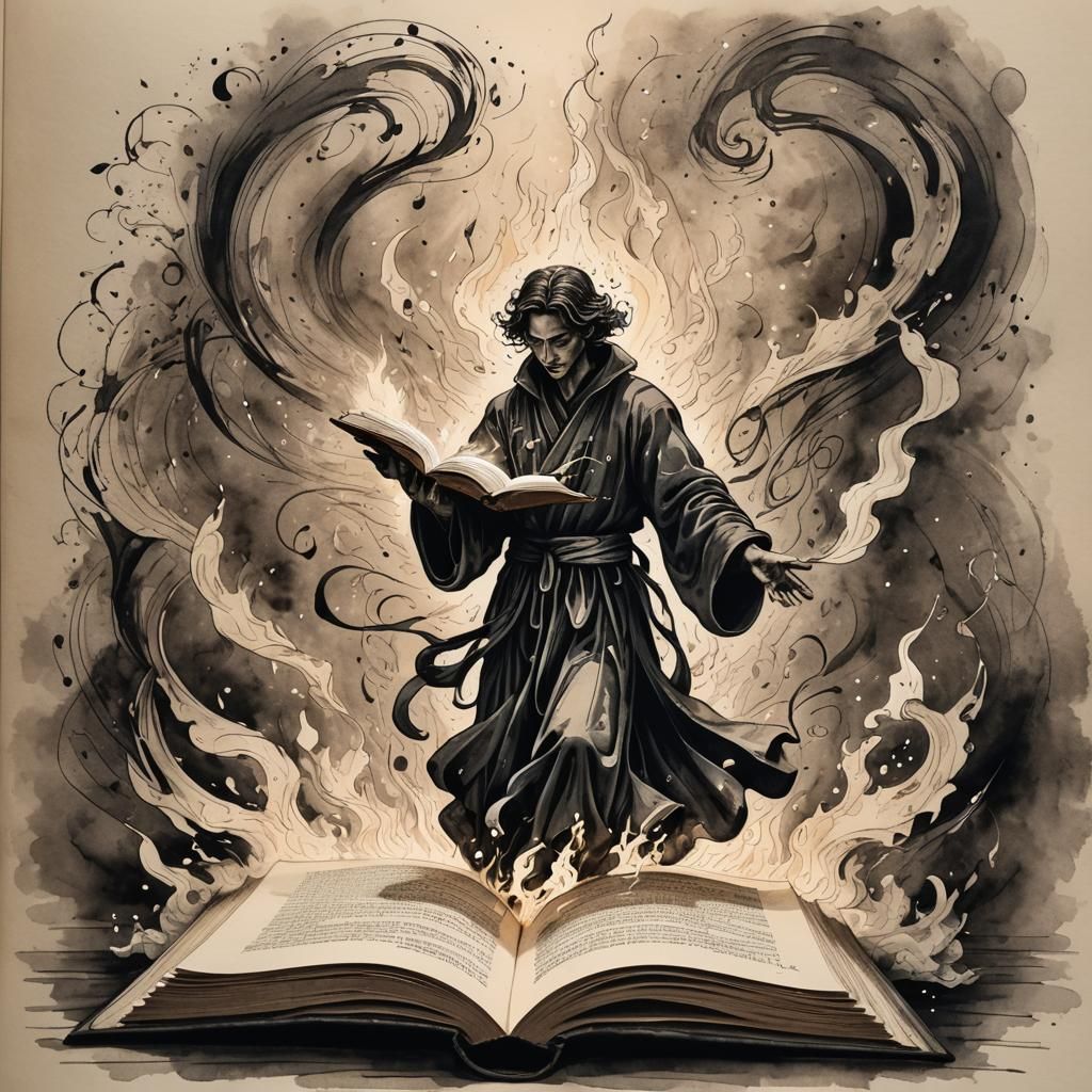 Ethereal Figure Emerges from Book: Ink Illustration