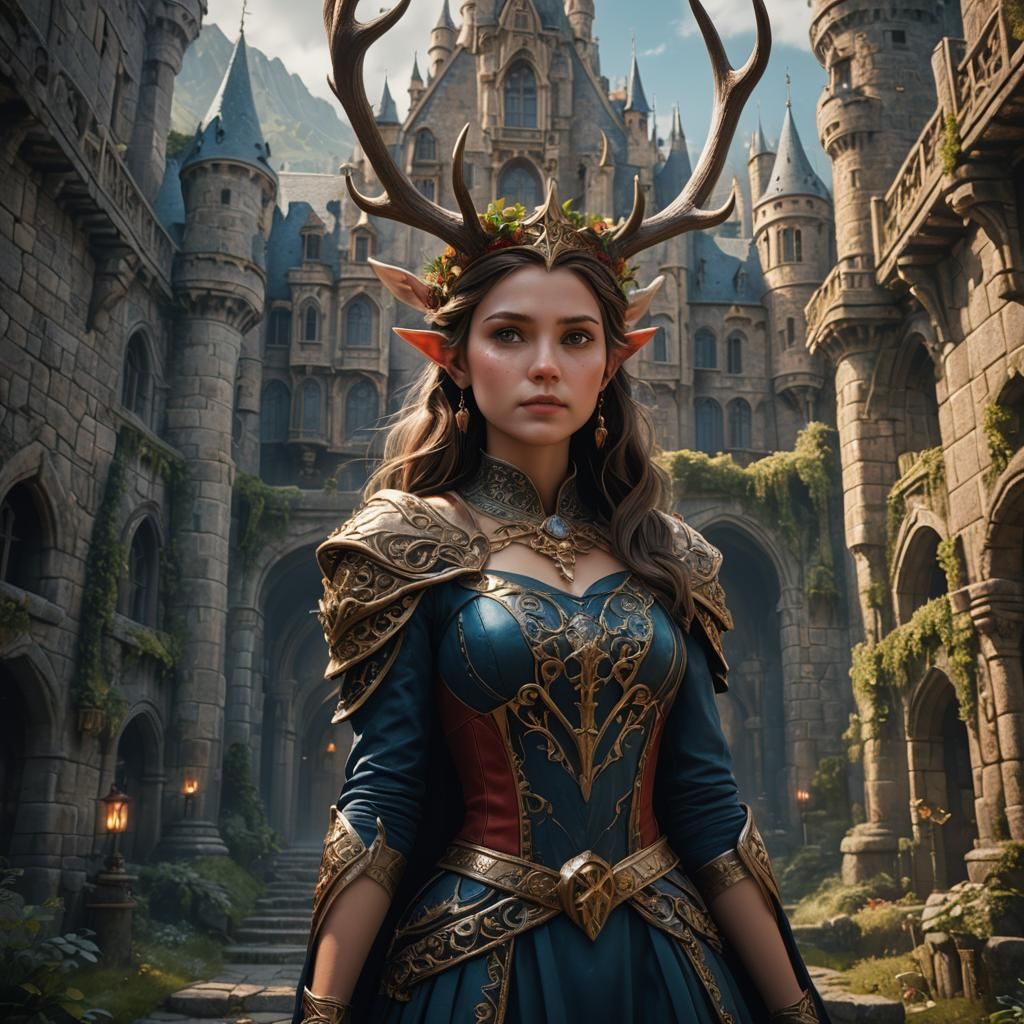 Princess with Antlers in a Fantasy Castle