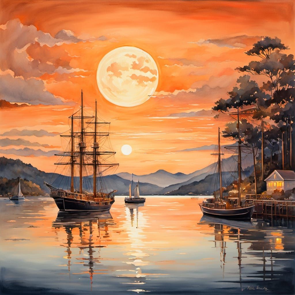Bronze Moon Over Tranquil Bay in Gouache Style