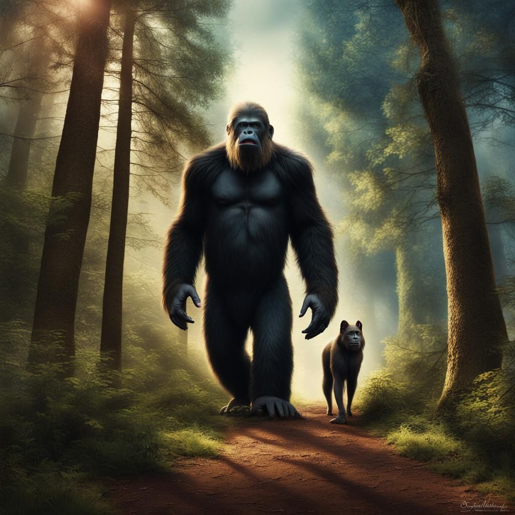 Bigfoot Sighting in Forest: Detailed Matte Painting