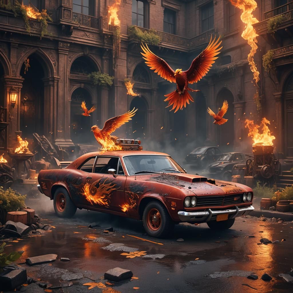 Fiery Phoenix Car: Detailed Matte Painting