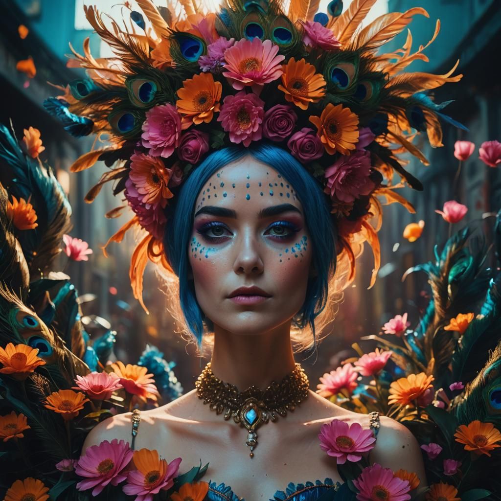 Woman with Pink Skin and Peacock Feathers