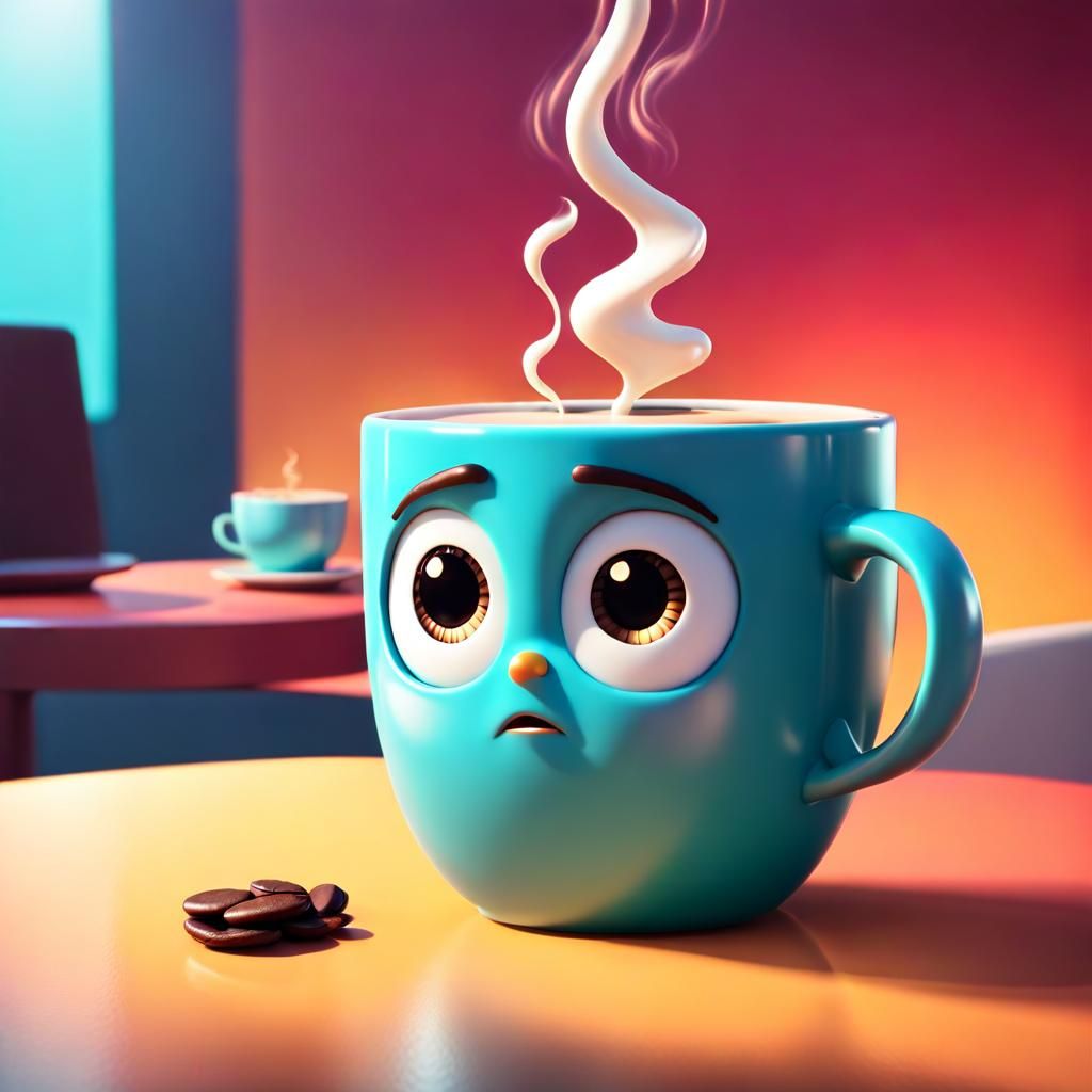 Sad Coffee Cup in Pixar 3D Style