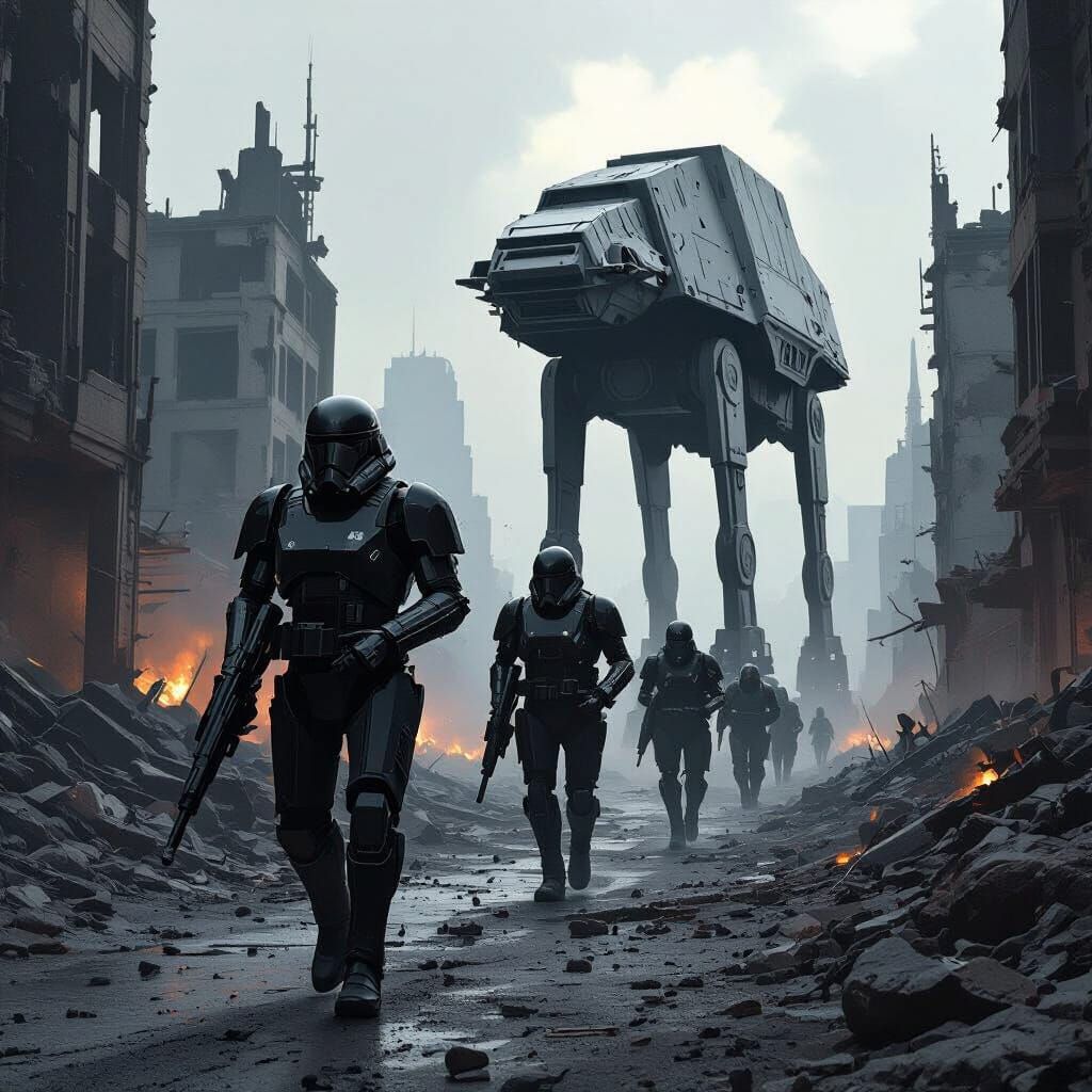 Dystopian Dark Troopers Marching Through Ruined Cityscape