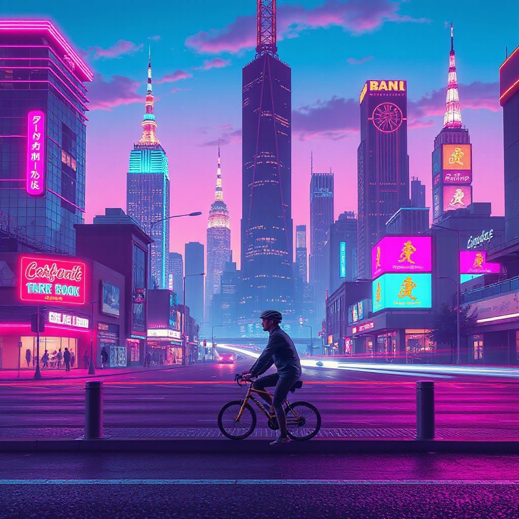 Synthwave Cityscape: Cyclist in Neon Retro Future