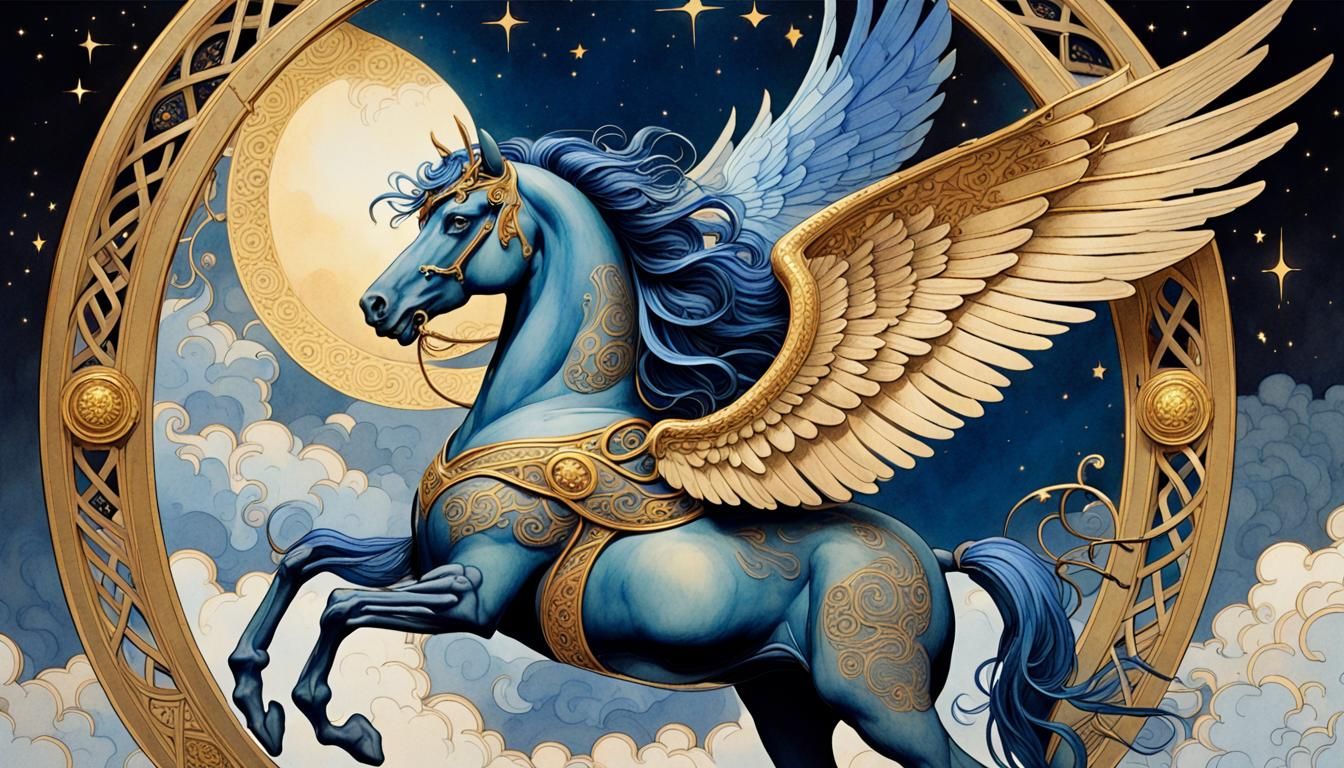 Winged Blue Pegasus Head in Starry Night Sky