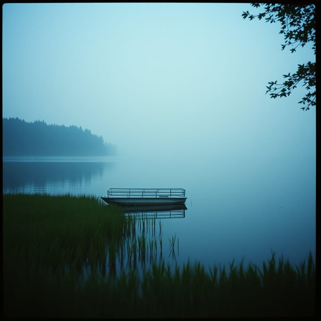 Serene Lake Scene with Pontoon, Cinematic Still
