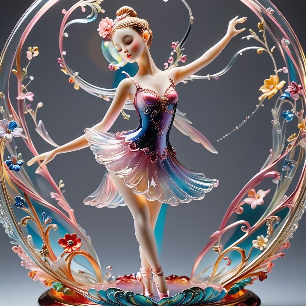 A ballerina figure sculpted in glass, dancing on small platf...