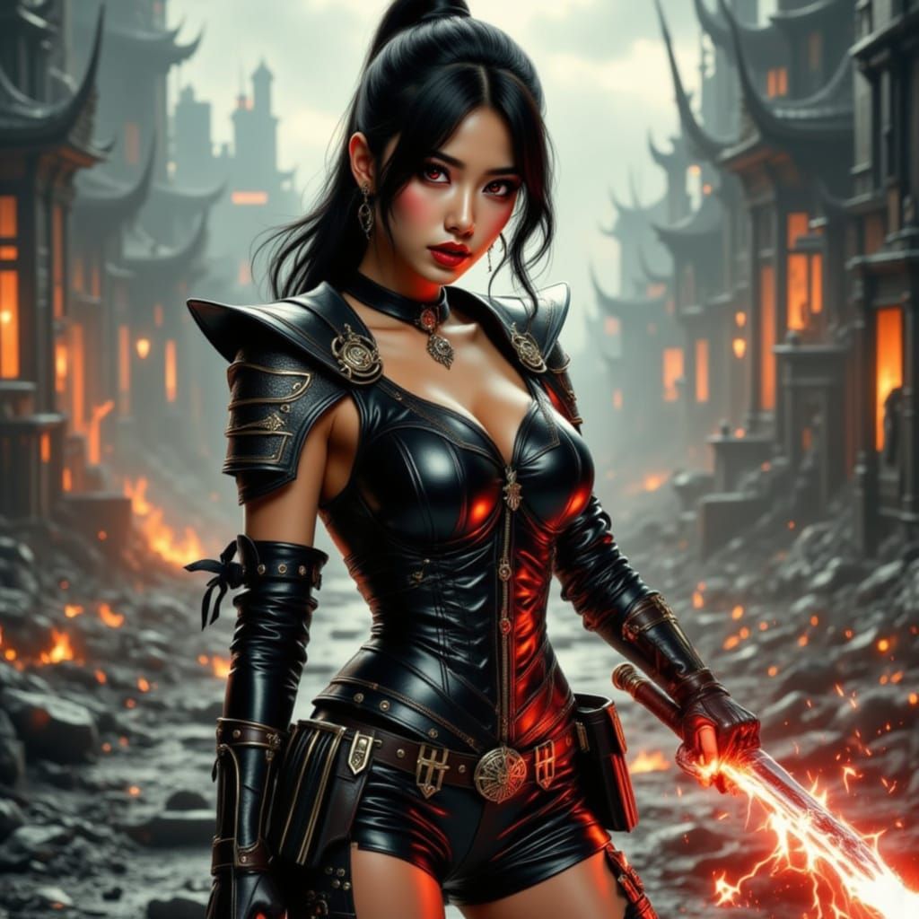 Female Warrior Pin-Up in Shattered Cityscape