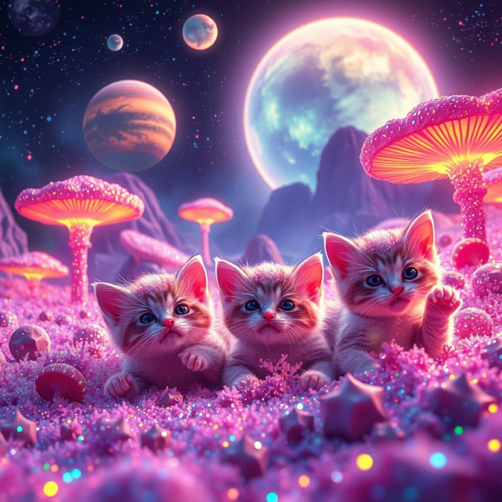 Vibrant Kitten Cosmos in Glowing Mushrooms