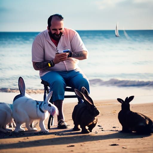 Large man having fun with rabbits on the beach