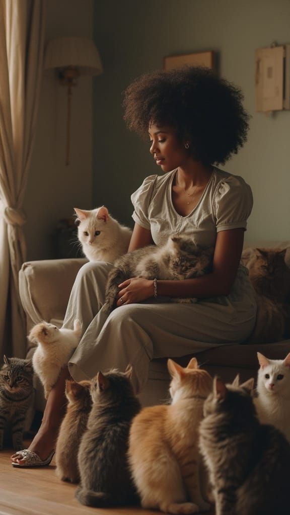 Stylish Woman Surrounded by Cats Living Happily