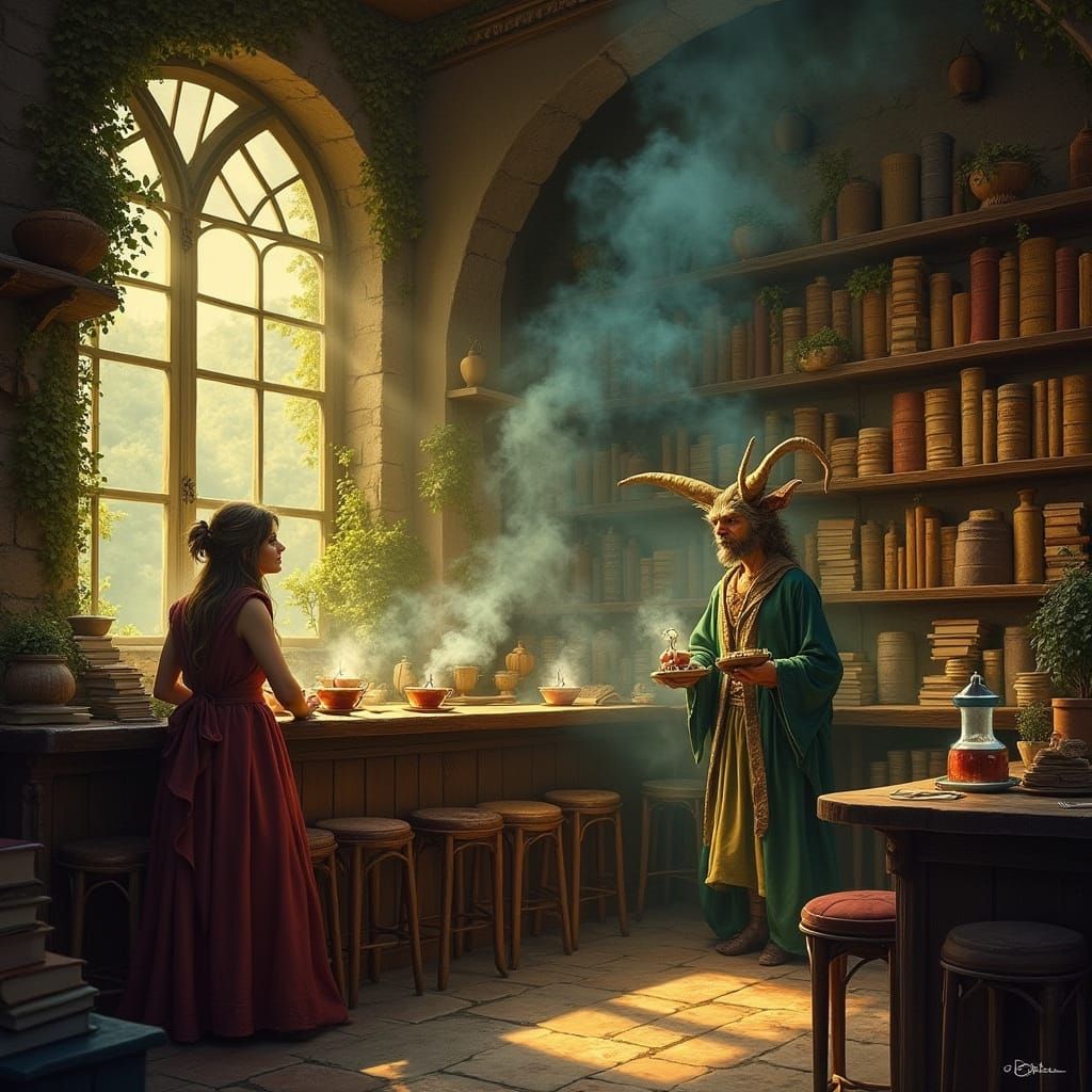 Enchanted Cafe With Floating Books and Levitating Teacups