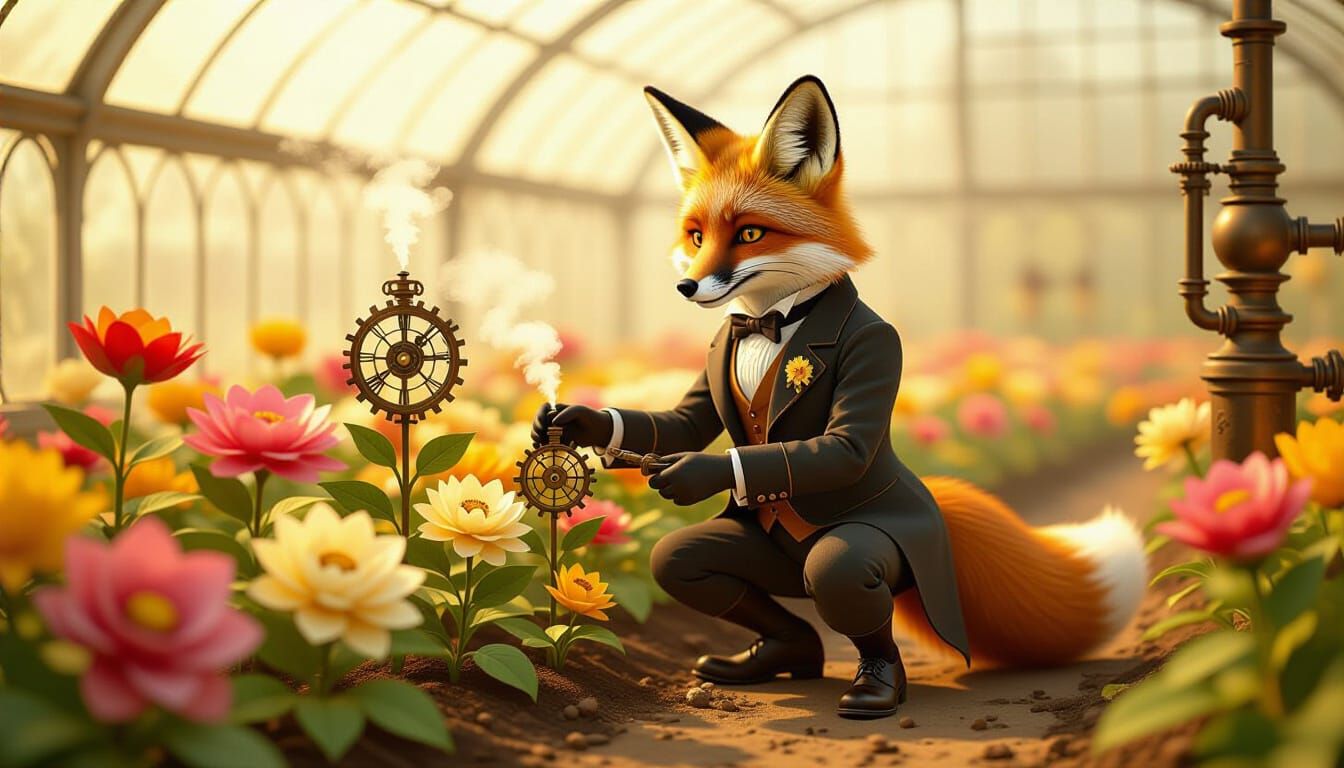Steampunk Fox Gardener with Mechanical Flowers