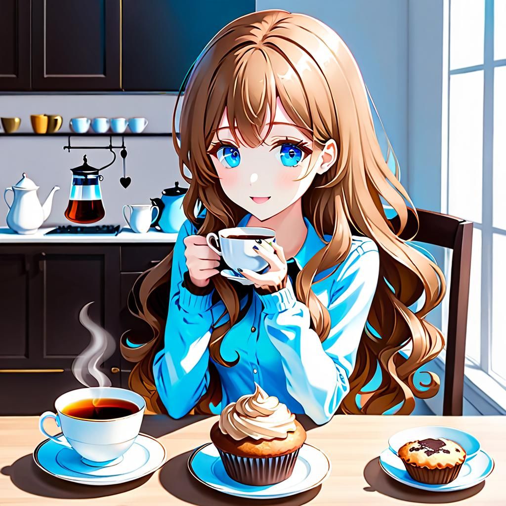Cute Anime Girl Having Tea Time