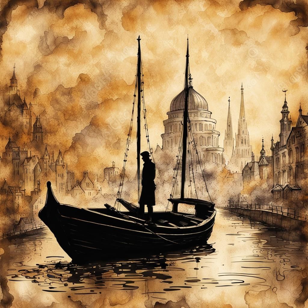 Steampunk Boat on Thames: Ink Painting Silhouette