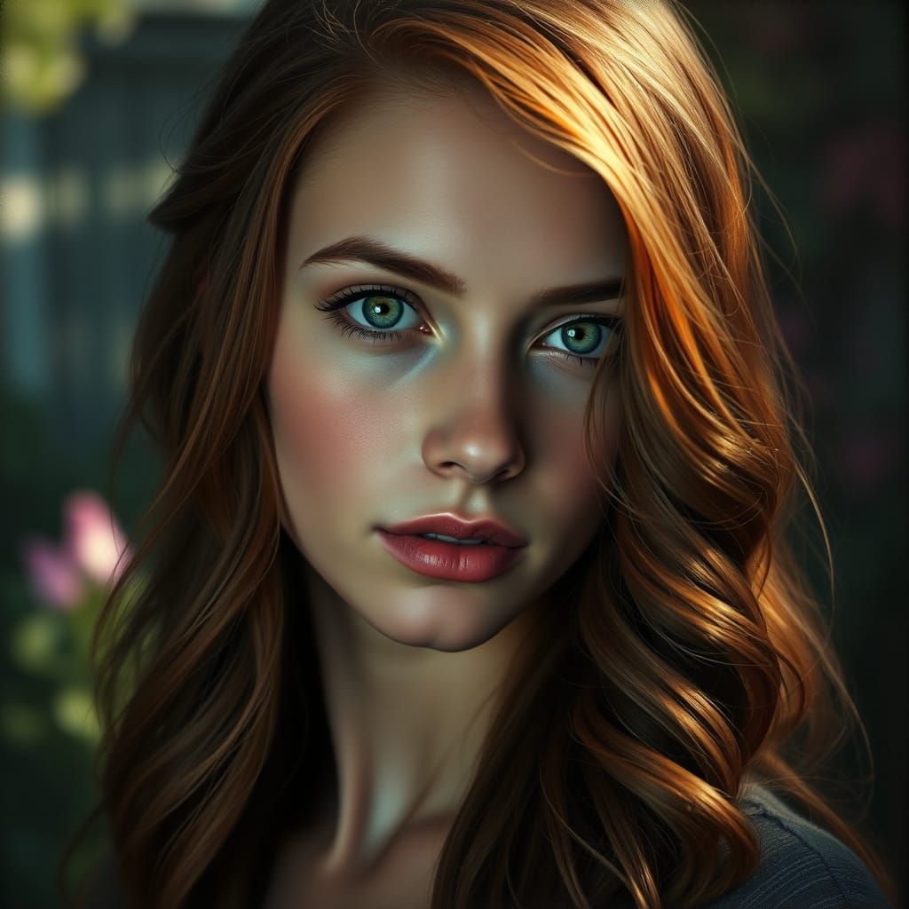 Emerald Eyed Woman in Atmospheric Garden