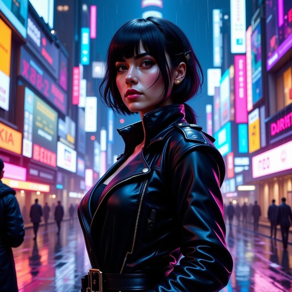 Cyberpunk Woman in Rainy City with Glitch Effect